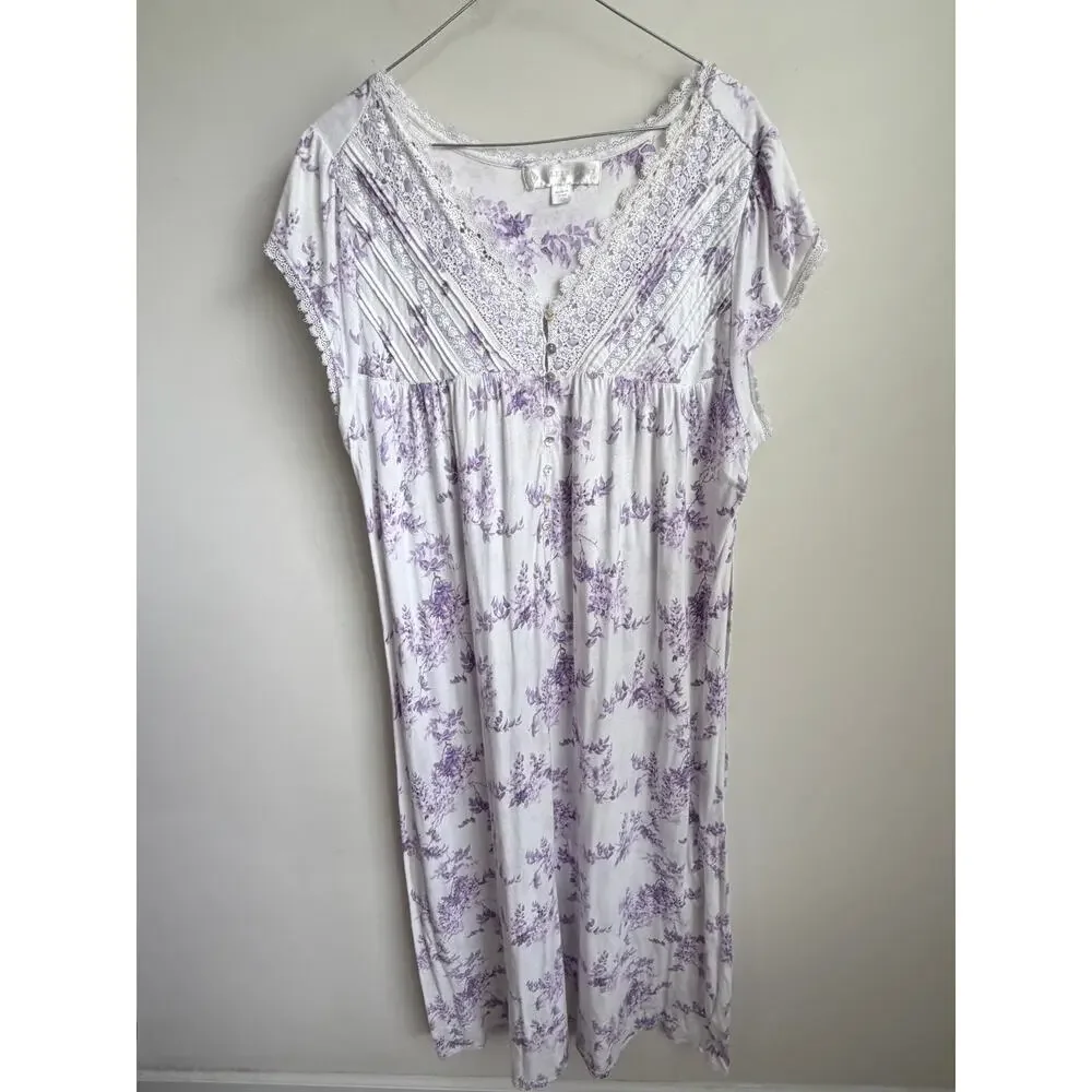 Eileen West Wisteria Cap Sleeve V-Neck Nightgown White Purple Women's Large